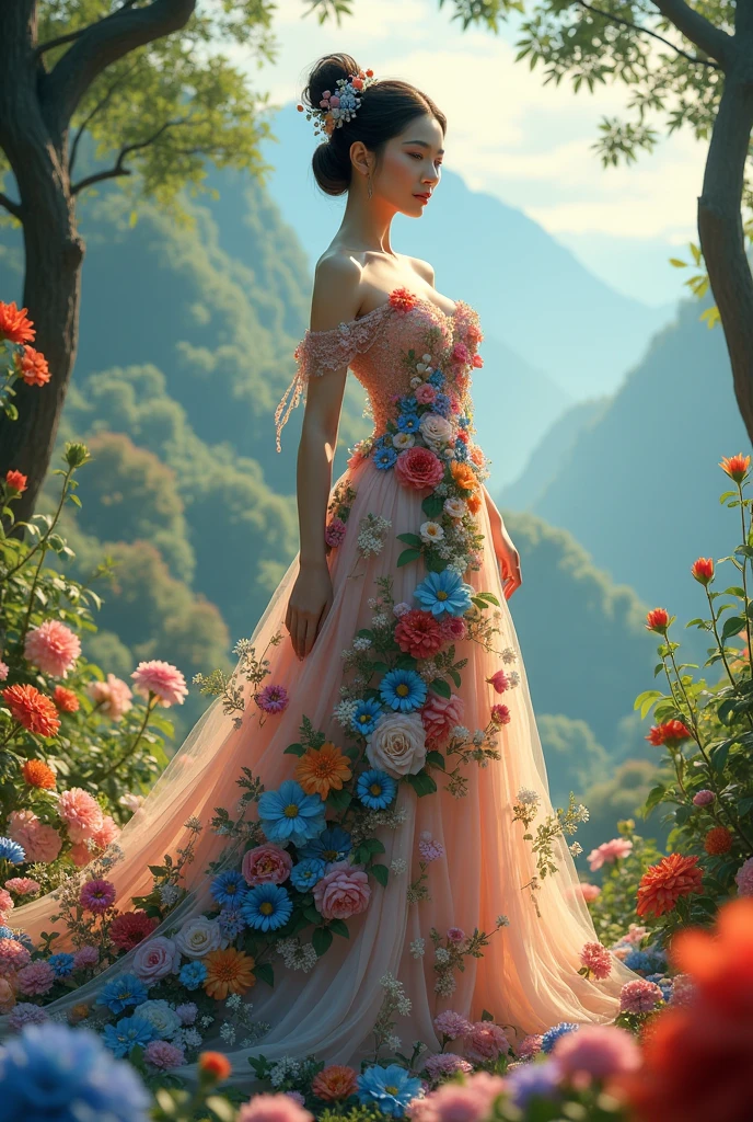 A Vietnamese woman with big breasts, wearing a dress made of flowers, under her feet and behind her is a forest of blooming flowers, with all kinds of flowers in many colors, each flower is blue, red, yellow, green, purple, with sunlight shining through the leaves, on the mountains in the distance are mountains with white clouds swirling around, wearing a gorgeous outfit, gorgeous dress, intricate dress, elegant fire dress, gorgeous and elegant, lavish dress, inspired by Hedi Xandt, gorgeous dress, intricate dress, gorgeous royal dress, gorgeous clothes, gorgeous dress, intricate and elegant, dress with intricate details, gorgeous, high heels, royal dress, detailed hands, Fire in the body, water on the dress, lightning element, fire element, lightning wings, full water, Transparent clothes, masterpiece, best quality: 1.2),, (8k, high resolution, RAW images, realistic, photorealistic: 1.3), (detailed skin texture, detailed cloth texture, detailed water, detailed trees, detailed textured flowers, detailed leaves, detailed colors, beautifully detailed faces: 1.25), professional lighting, photon mapping, beautiful soft lighting, brightness, physically based rendering, ray tracing, model shooting style, model shooting style, (Unity's super detailed 8k CG backgrounds), the world's most beautiful full body artwork, similar face https://photos.google.com/photo/AF1QipMr73g5fIzFk5WUNwuyjxhunUF2mCxsGUsVK1nb