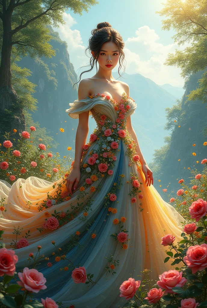 A Vietnamese woman with big breasts, wearing a dress made of flowers, under her feet and behind her is a forest of blooming flowers, with all kinds of flowers in many colors, each flower is blue, red, yellow, green, purple, with sunlight shining through the leaves, on the mountains in the distance are mountains with white clouds swirling around, wearing a gorgeous outfit, gorgeous dress, intricate dress, elegant fire dress, gorgeous and elegant, lavish dress, inspired by Hedi Xandt, gorgeous dress, intricate dress, gorgeous royal dress, gorgeous clothes, gorgeous dress, intricate and elegant, dress with intricate details, gorgeous, high heels, royal dress, detailed hands, Fire in the body, water on the dress, lightning element, fire element, lightning wings, full water, Transparent clothes, masterpiece, best quality: 1.2),, (8k, high resolution, RAW images, realistic, photorealistic: 1.3), (detailed skin texture, detailed cloth texture, detailed water, detailed trees, detailed textured flowers, detailed leaves, detailed colors, beautifully detailed faces: 1.25), professional lighting, photon mapping, beautiful soft lighting, brightness, physically based rendering, ray tracing, model shooting style, model shooting style, (Unity's super detailed 8k CG backgrounds), the world's most beautiful full body artwork, similar face https://photos.google.com/photo/AF1QipMr73g5fIzFk5WUNwuyjxhunUF2mCxsGUsVK1nb