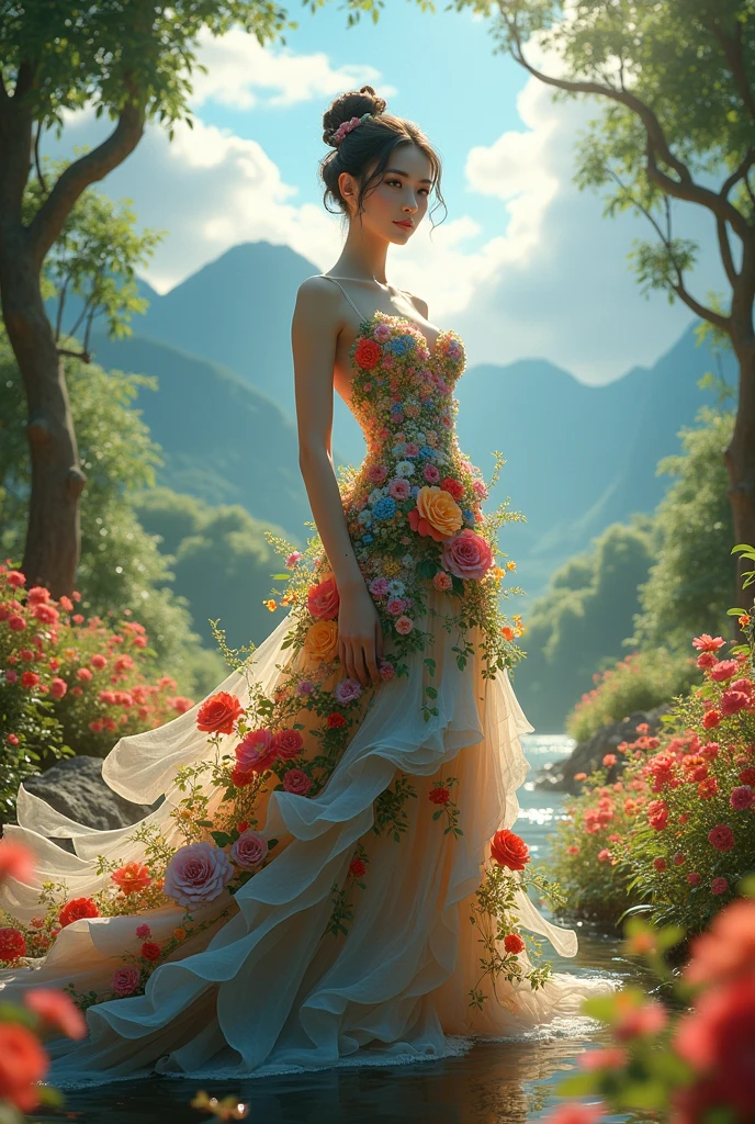 A Vietnamese woman with big breasts, wearing a dress made of flowers, under her feet and behind her is a forest of blooming flowers, with all kinds of flowers in many colors, each flower is blue, red, yellow, green, purple, with sunlight shining through the leaves, on the mountains in the distance are mountains with white clouds swirling around, wearing a gorgeous outfit, gorgeous dress, intricate dress, elegant fire dress, gorgeous and elegant, lavish dress, inspired by Hedi Xandt, gorgeous dress, intricate dress, gorgeous royal dress, gorgeous clothes, gorgeous dress, intricate and elegant, dress with intricate details, gorgeous, high heels, royal dress, detailed hands, Fire in the body, water on the dress, lightning element, fire element, lightning wings, full water, Transparent clothes, masterpiece, best quality: 1.2),, (8k, high resolution, RAW images, realistic, photorealistic: 1.3), (detailed skin texture, detailed cloth texture, detailed water, detailed trees, detailed textured flowers, detailed leaves, detailed colors, beautifully detailed faces: 1.25), professional lighting, photon mapping, beautiful soft lighting, brightness, physically based rendering, ray tracing, model shooting style, model shooting style, (Unity's super detailed 8k CG backgrounds), the world's most beautiful full body artwork, similar face https://photos.google.com/photo/AF1QipMr73g5fIzFk5WUNwuyjxhunUF2mCxsGUsVK1nb