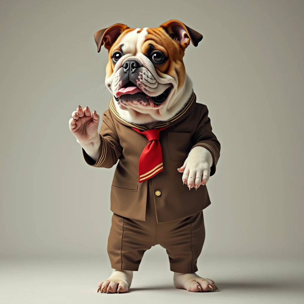 A bulldog with a big head, standing on its legs with its paws raised, like a human wearing a stewardess uniform.