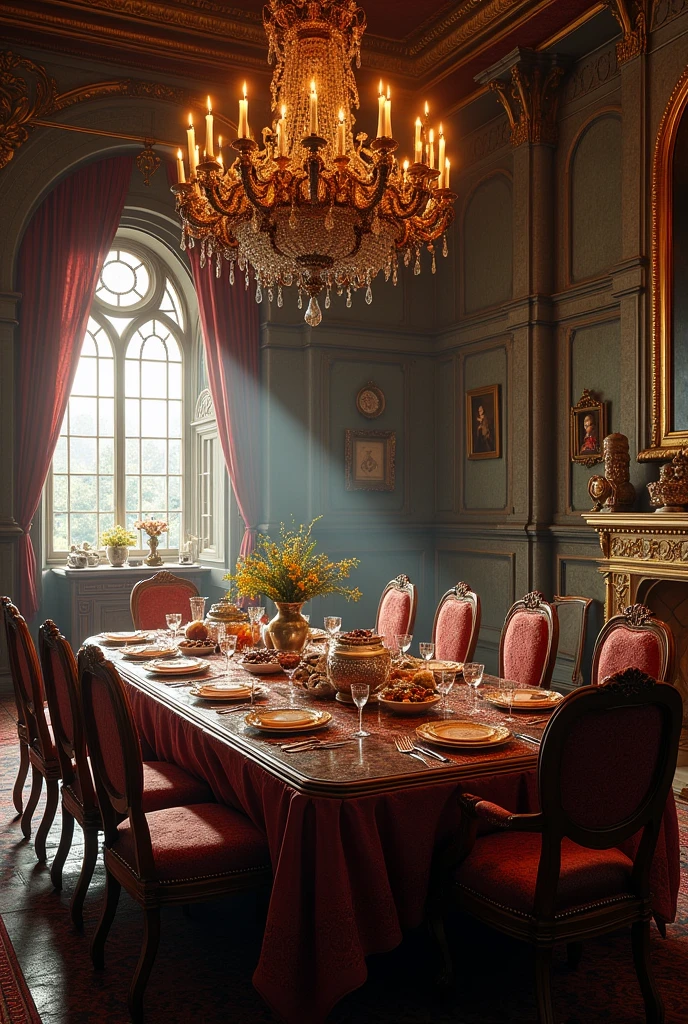 a dinning room in a castle on a table. no people, luxurious