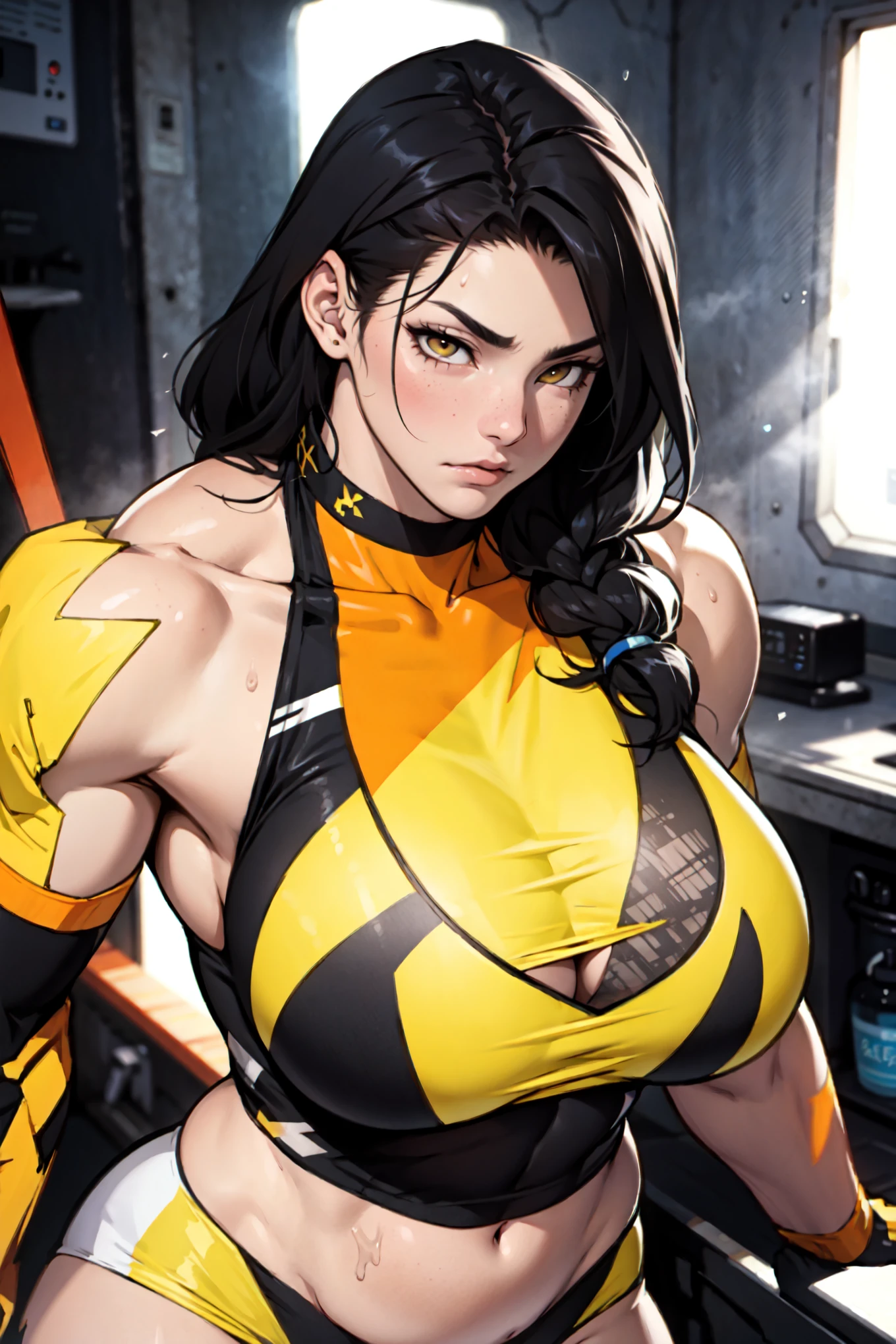 empty eyes embarrassed girl female huge breasts breasts pale skin 1girl muscular toned body huge breasts thick thighs black hair yellow eyes bodybuilder