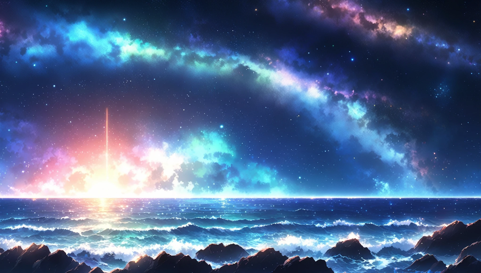 Starry Sky,big,Ocean swell,The background is an infinite universe,Space Sky。Starry Sky8K,quiet night,Anime Background Art, 4k anime wallpaper, Starry Skyの光, 月明かりの下でのStarry Skyの環境