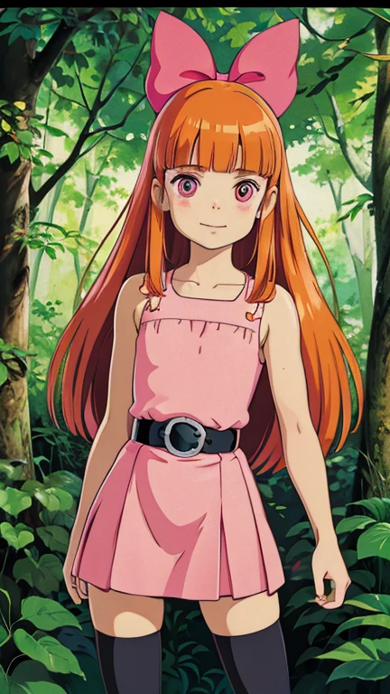 (1girl, solo, highly insanely detailed, masterpiece, top quality, best quality, highres, 4k, 8k, RAW photo),((innocent look)),((Childish)),From the front, symmetrical composition,smile,cute,Innocent,Kind eyes,Flat chest,Hairless vagina, Cameltoe,ghibli style,forest, (blossom), (orange hair, long hair, blunt bangs, pink eyes)
(bow, dress, belt, thighhighs)