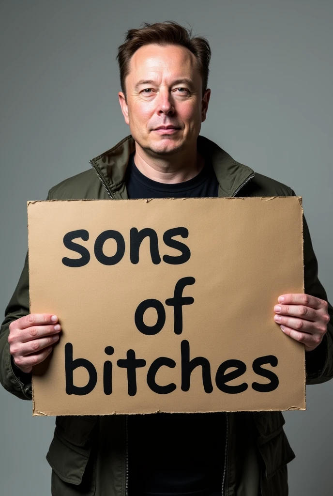elon musk with a sign that says "sons of bitches"