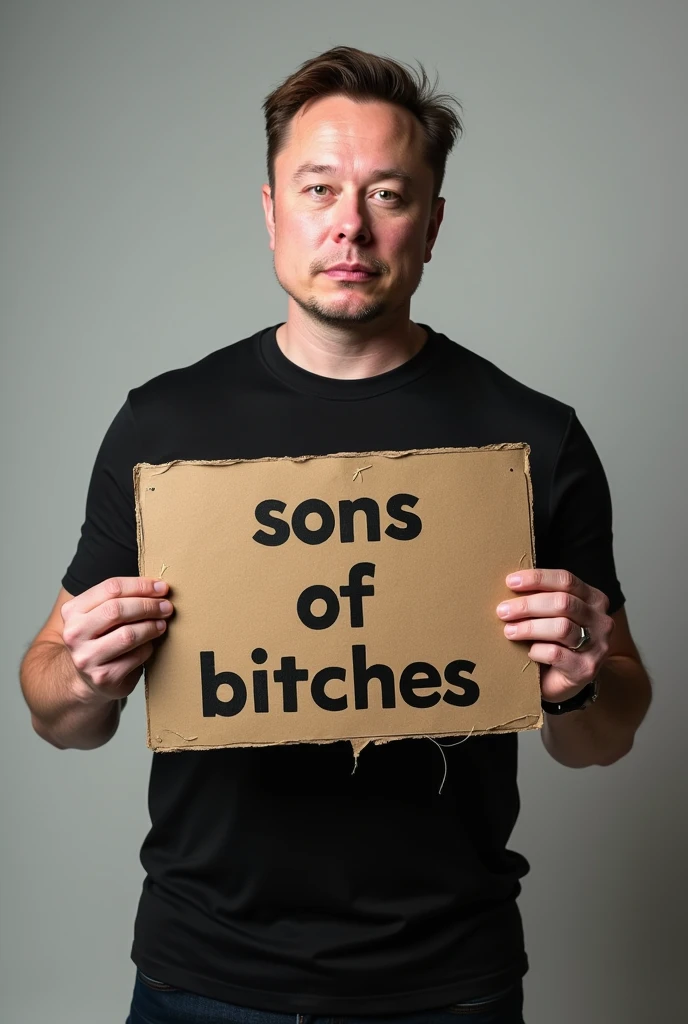 elon musk with a sign that says "sons of bitches"