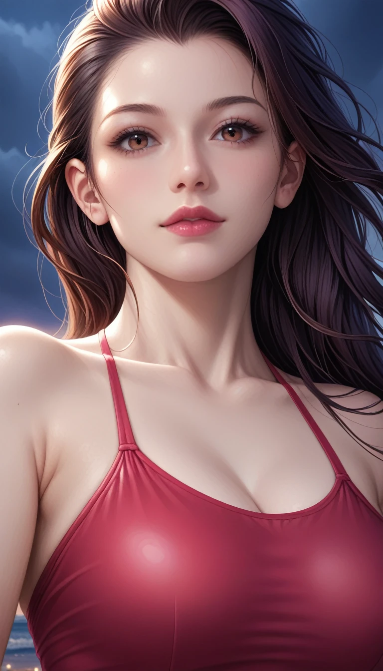 score_9, score_8_superior, score_7_superior, High-resolution CG illustration,A masterpiece in 32K resolution,Highest quality,it is really amazing,Very detailed,Ultra-high resolution,Ultra-realistic,Realistic,Increased depth of field,Cinematic lighting,
Sexy mature Japan woman,
Straight long hair with black hair,Ultra-detailed and beautiful face,Calm and gentle look,Beautiful brown eyes,Translucent white skin,Realistic skin texture,Great proportions,
Elegant red swimsuit,
Simple design,Chic color scheme based on red,Detailed fabric texture,
(Dark overcast sky on a dull night:1.1),(Dark clouds filling the sky:1.1),Thundercloud,Coastline at night,Stormy seas,delay々A desolate sandy beach that continues,
Cinematic,Low - Angle,