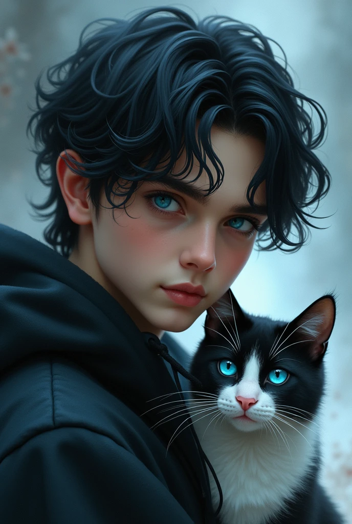 A black-haired teenage boy with blue eyes with a black cat with blue eyes