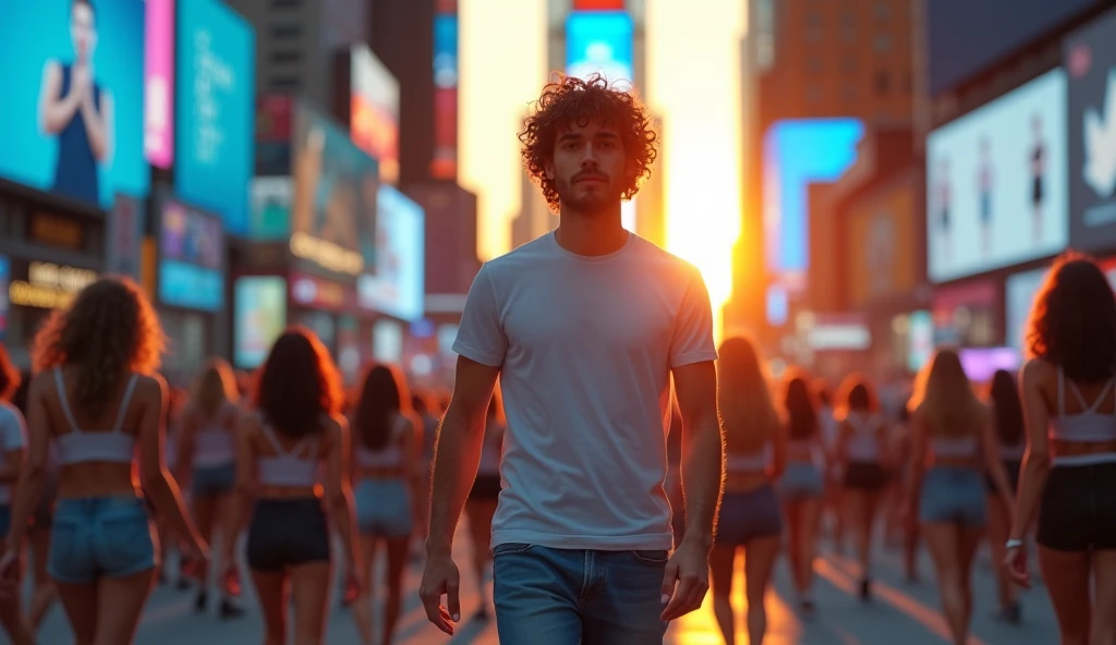 Create an image of a handsome man walking confidently on a busy street in Times Square, USA. The man has curly hair and is casually dressed in jeans and a t-shirt. The scene is set outdoors during an sunset, with soft lighting casting a warm glow over the surroundings. The man walks with a relaxed yet purposeful stride, with intricate details visible in his clothing and hair.
The background should be vibrant, focusing on a blue color palette featuring neon signs and billboards. The street is crowded with numerous young women wearing sleeveless t-shirts and shorts, casually wandering around the man. The image should highlight the bustling, energetic atmosphere of Times Square, with the man as the central focal point. The overall scene should be realistic, showcasing intricate details and vibrant colors, with a clear emphasis on the contrast between the cool blue tones of the city and the warm orange hues of the sunset. Ensure there are many girls in the scene, all wearing shorts and sleeveless t-shirts, adding to the lively, crowded setting.”Left and right and front back full of girls. Highlight every thing in the given prompt.