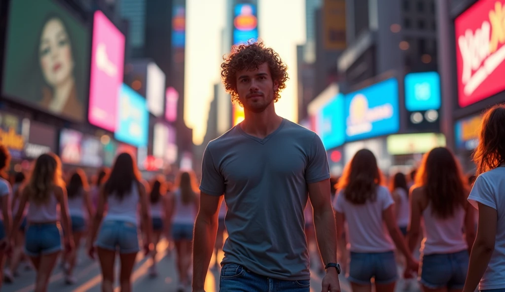 Create an image of a handsome man walking confidently on a busy street in Times Square, USA. The man has curly hair and is casually dressed in jeans and a t-shirt. The scene is set outdoors during an sunset, with soft lighting casting a warm glow over the surroundings. The man walks with a relaxed yet purposeful stride, with intricate details visible in his clothing and hair.
The background should be vibrant, focusing on a blue color palette featuring neon signs and billboards. The street is crowded with numerous young women wearing sleeveless t-shirts and shorts, casually wandering around the man. The image should highlight the bustling, energetic atmosphere of Times Square, with the man as the central focal point. The overall scene should be realistic, showcasing intricate details and vibrant colors, with a clear emphasis on the contrast between the cool blue tones of the city and the warm orange hues of the sunset. Ensure there are many girls in the scene, all wearing shorts and sleeveless t-shirts, adding to the lively, crowded setting.”Left and right and front back full of girls. Highlight every thing in the given prompt.
