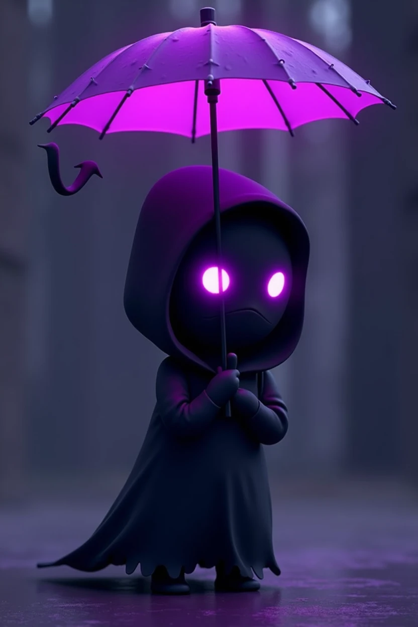 ((best qualityer)), ((work of art)), (detailded), 1 girl, ombro to ombro sweater, Imagine a cartoon-style character, with a simple humanoid form, completely black, without facial details except for the eyes. These eyes are bright in a deep purple tone. They wear a hood that covers most of their head. The character has no mouth, which enhances their enigmatic aura. The figure conveys a sense of mystery and power, similar to the enigmatic atmosphere of Bill Cipher, but with a unique and distinct look. He is using a purple umbrella that also emanates a purple glow..
