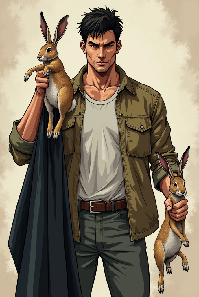 Full character man manga style facing forward with 2 dead rabbits in his right hand and pulling a black blanket with his left