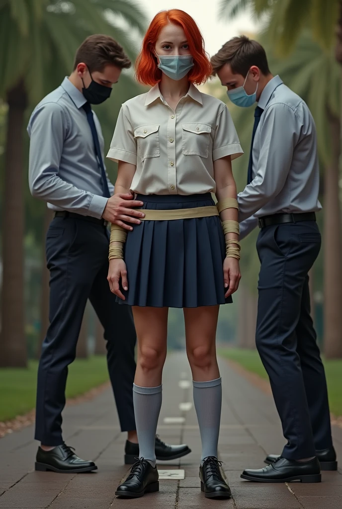 18-year-old redhead prices with the school uniform of Colegio San Jose Estepona Malaga, with the high leotards and shoes, full body gagged with tape by her companions