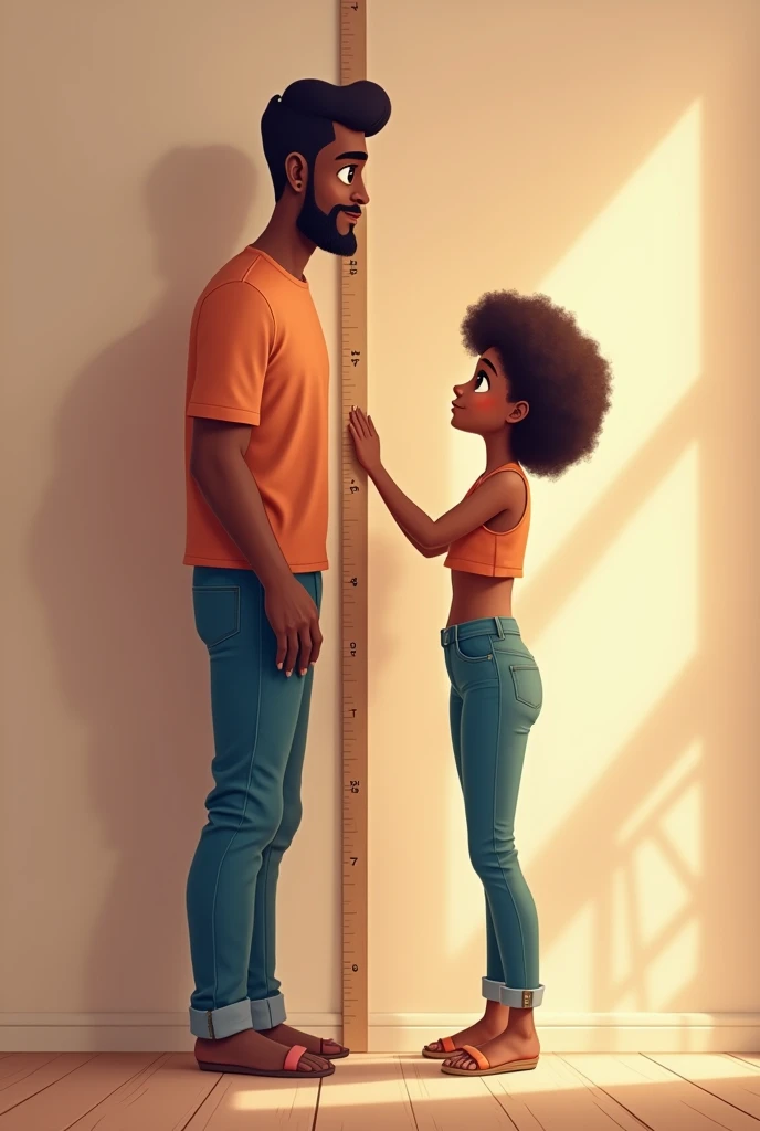 A tiny African American woman with a crop top, long curly hair, and open toe wedges stands next to her father to check her height in the house. She is shorter than him.