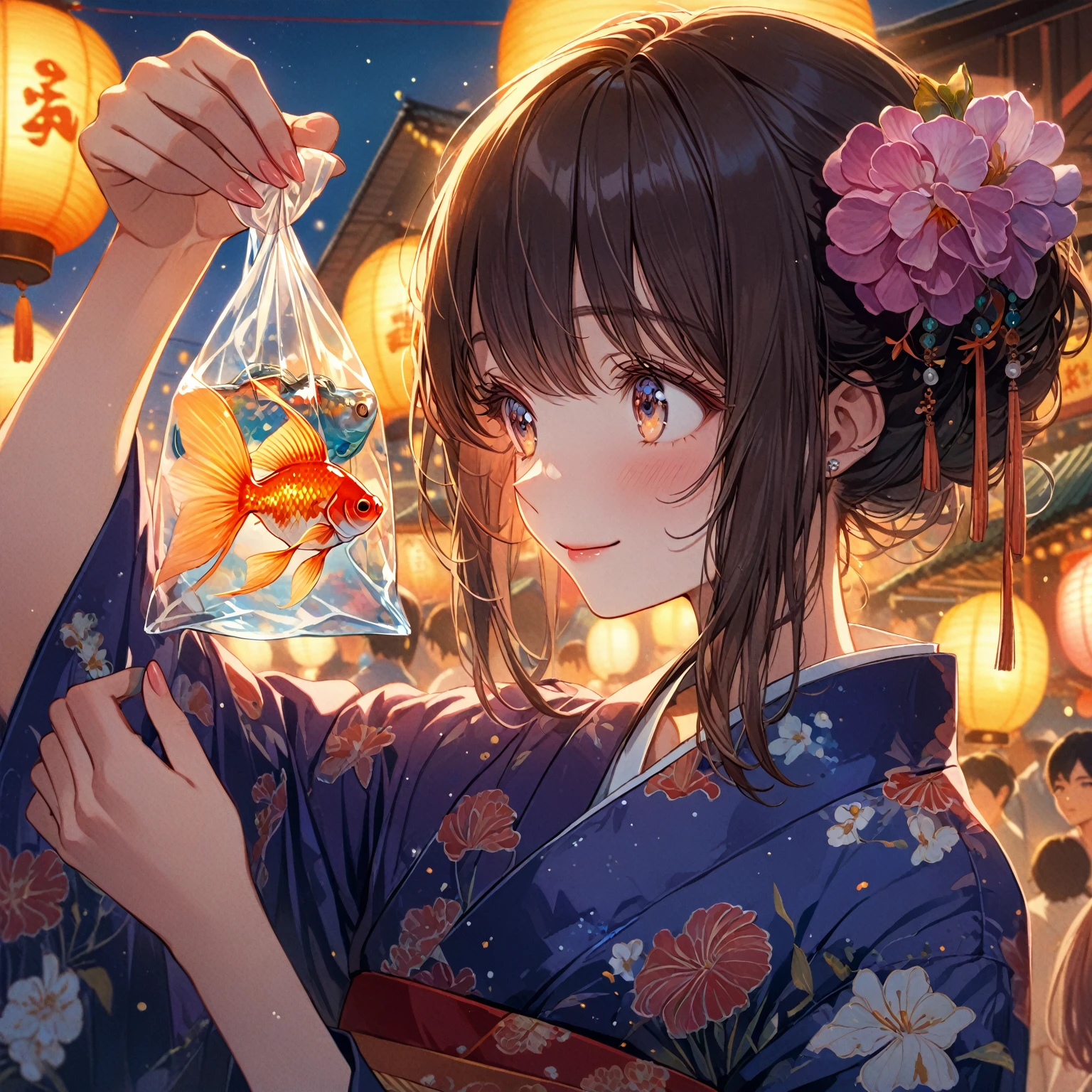 score_9_up, score_9, score_8_up, score_7_up, source_anime,masterpiece, best quality, high resolution, extremely detailed CG, absurdres, highres,On the evening of the summer festival, 1girl, solo, a girl in a yukata holds a goldfish in a small transparent plastic bag. The girl lifts the bag in front of her eyes and looks at the goldfish with a gentle smile, good_hands, Long eyelashes, detailed beautiful eyes, looking away