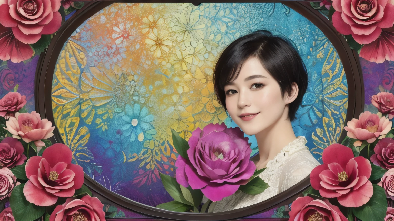 271 (20-year-old woman,short hair), (masterpiece, Highest quality, beautiful:1.2), Very detailed, (Fractal Art:1.1), (colorful:1.1), (flower:1.3), whole body, (Abstract background:1.3), (Many colors:1.4), (Old-fashioned smile), (window)