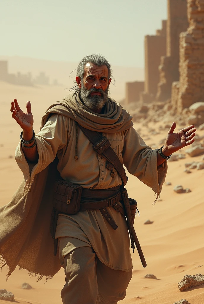 Man passing through the medieval desert , farmer with a pale look and asking for help