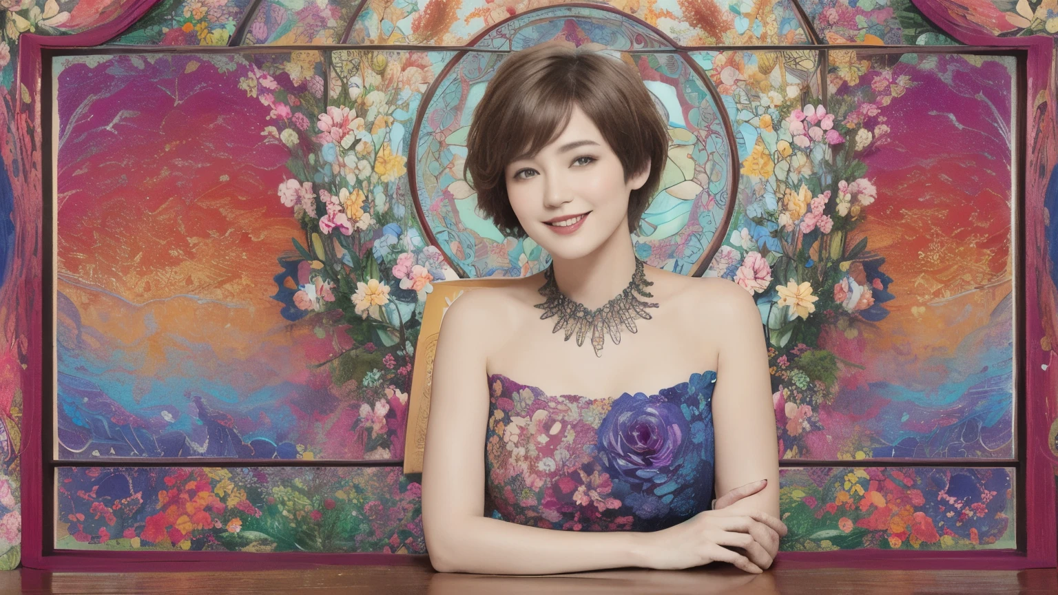 271 (20-year-old woman,short hair), (masterpiece, Highest quality, beautiful:1.2), Very detailed, (Fractal Art:1.1), (colorful:1.1), (flower:1.3), whole body, (Abstract background:1.3), (Many colors:1.4), (Old-fashioned smile), (window)