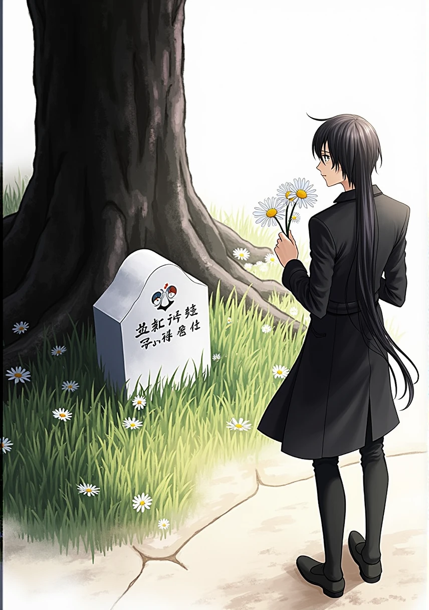 Guy long black hair, stands near the grave, there is a sad smile on the face, three daisies in hands, grey eyes, Beautiful skinny body, Beautiful face, anime art, masterpiece, realistically