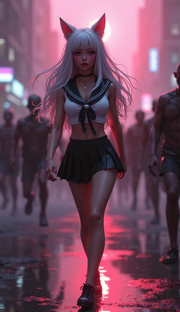 photorealistic,Realistic illustration in Modelshoot style,((masterpiece)),((The best quality)),((Ultra Quality)),((ultra detailed)),((1girl long white hair)),((Only)),((waifu:1.5)),Perfect anatomy,perfect hands,beautiful cuerpo,beautiful_method,ulzzang-6500-v1,e-chica,((Exceptionally Beauty Waifu Princess Tifa Lockhart running terrified in a devastated city being chased by a group of horrible and scary zombies)),(((zombis,A crowd of horrible and terrifying zombies watching and running after her piled up with each other to catch up with her...))),in a cosplay,wet clothes,Woman body set big breasts, ((Beauty Sexy Body, Sexy Hips)), ((Wolf Ears)), ((Sexy School Girl Uniform, Sailor Miniskirt, Pantyhose, High Heels)),((bright-pink_eyes)),long wavy hair, ((white hair)),hair clips,eyeliner,cute makeup,lipstick,Glossy lipstick,with a look of terror, worry and sadness,((eyes detallados perfectos)),rainy with fog outside,evening,pink theme,bioluminiscencia,light particles,((Extremely CG Unity 8K Wallpaper)),((cinematic lighting,Best quality lights)),intricate details,Suave,sharp focus,Extremely beautiful and aesthetic,Octane rendering,Full length portrait,damp skin,((Perfect detailed body)),