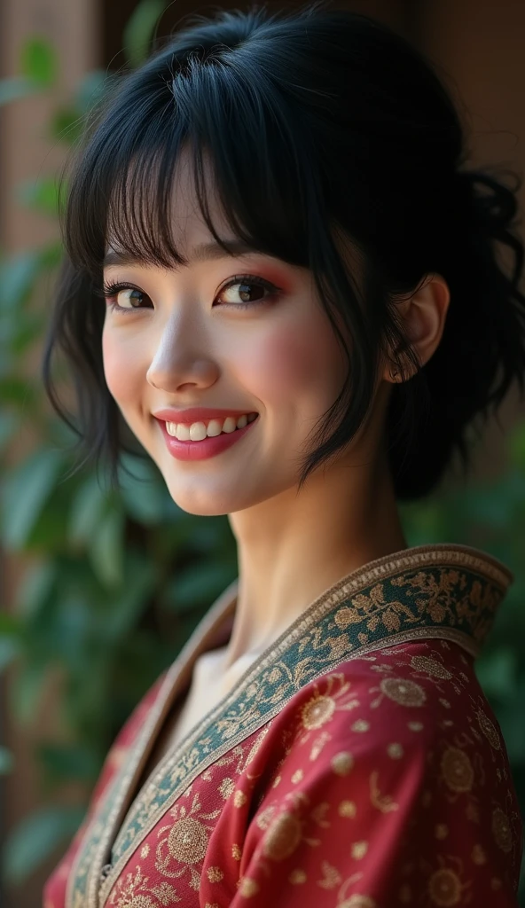 30, female, hyperreal
Hairstyle Black hair, handsome short
Mysterious atmosphere
Charming smile Lipstick pink Eyelash emphasis
Natural makeup
Ethnic costume, blurred background