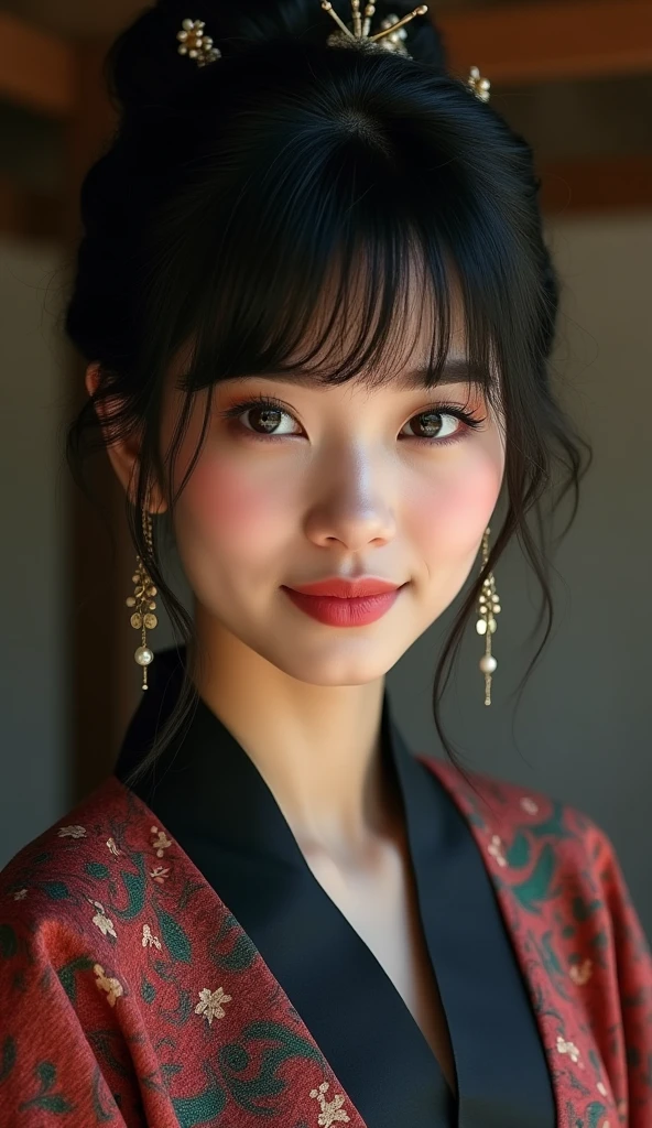 30, female, hyperreal
Hairstyle Black hair, handsome short
Mysterious atmosphere
Charming smile Lipstick pink Eyelash emphasis
Natural makeup
Ethnic costume, blurred background