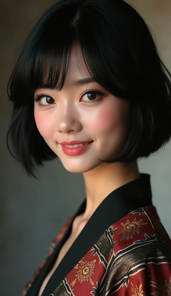 30, female, hyperreal
Hairstyle Black hair, handsome short
Mysterious atmosphere
Charming smile Lipstick pink Eyelash emphasis
Natural makeup
Ethnic costume, blurred background