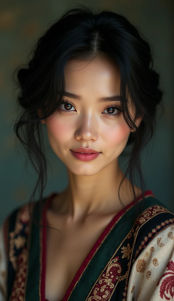 30, female, hyperreal　
Hairstyle Black hair, handsome short　
Mysterious atmosphere　
Charming smile Lipstick pink Eyelash emphasis
Natural makeup　
Ethnic costume, blurred background