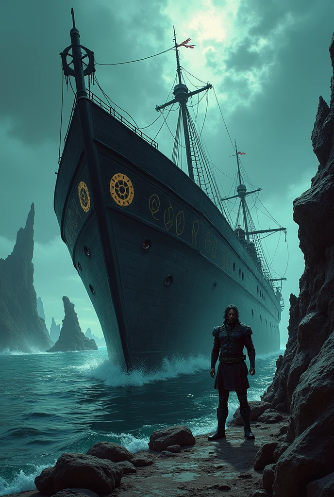 (MANGA comic style)
Setting Sail into the Dead Zone
Scene: Dominator X stands on the deck of his ship, which is a sleek, dark vessel with mystical symbols etched into its hull. The Dead Zone is ahead, a dark, fog-covered sea with jagged rocks and ghostly shapes in the mist. Dominator X's face is stern, his hand gripping the ship's wheel, determination in his eyes.