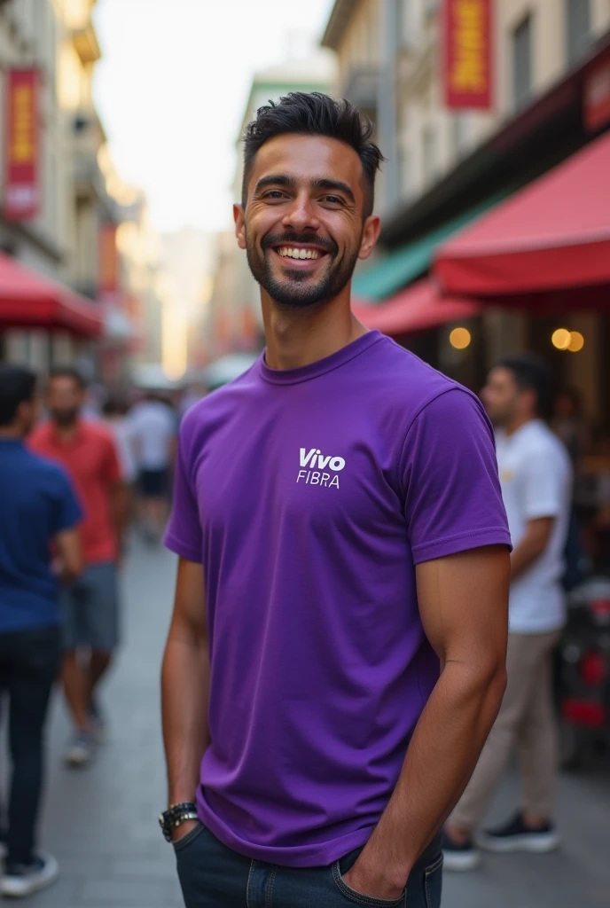 Vivo Fibra company salesperson dressed in a purple t-shirt
