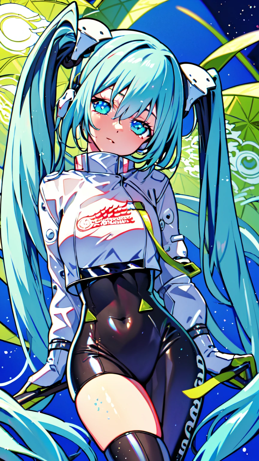 (masterpiece, Highest quality), Backlight, Lens flare, Wide Shot, Fisheye Lens , (Face Focus, Written boundary depth, close: 1.5), Super Detail, shape, colorful, (Fault Color: 1.3), (Immidshot: 1.3), video, Wide-angle, Upper Body, miku hatsune, ((Big Breasts)), Spotless, Dark green hair, Twin tails, Very long hair, Place your arms behind your back, blue eyes, Glowing Eyes, Relaxed face, eyebrow, Shiny Hair, Glowing Skin, A light smile, ((racing Miku)), Black bodysuit, Cropped jacket, White jacket, Long sleeve, Two-tone gloves, Thigh-high boots, bright, Beautifully detailed skies, city, street