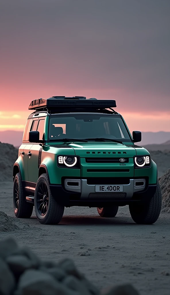 Brand new land rover full option defender 110 in greenish with ceramic coating with one layer roof grill with side ladder and side mounted gear carrier, dark violet sky. Gray soil