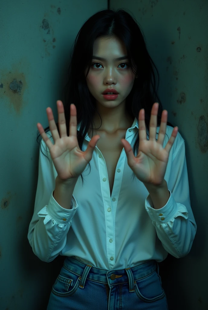 photorealistic, 8k, high quality, cinematic lighting, vibrant colors, detailed textures,one girl, wearing white buttoned long sleeve, tucked in a blue jeans, hands up, back against a cement wall, very dark basement, scared face, looking at the viewer, hands are raised upward, back on a wall, teen,beautiful face, super model