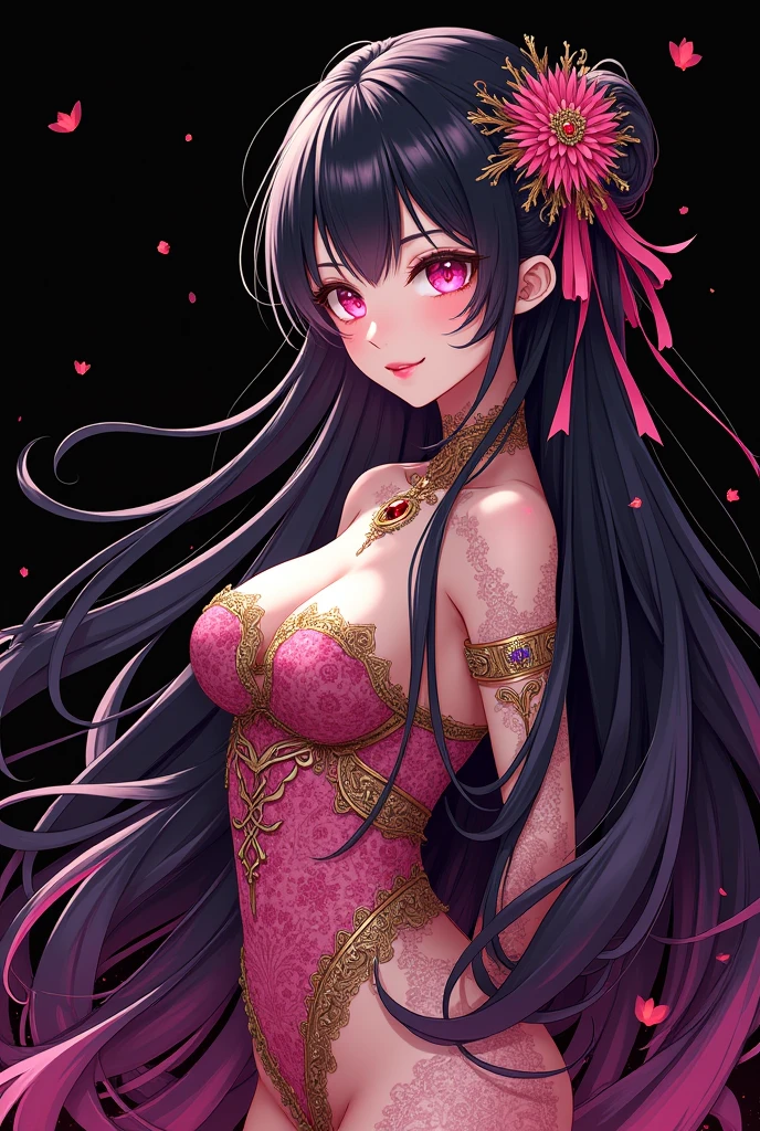pink eyes, black hair, ((pink highlights)), Pink ribbon in hair, ((black background)), Official art, Unity 8k Wallpaper, Ultra-detail, Beautiful and aesthetic, masterpiece, Best Quality, (zentangle, mandalas, Tangle, Entangle), (fractal art:1.3) , 1girl, huge tits, extra thick thighs, Extremely detailed, Most Beautiful Form of Chaos, elegant, a brutalist designed, vivd colour, romanticism, Atmospheric, arms behind back, (((((anime style))))), thick body, think waist, big hips, intricate and ornate patterns, gold ornate details,