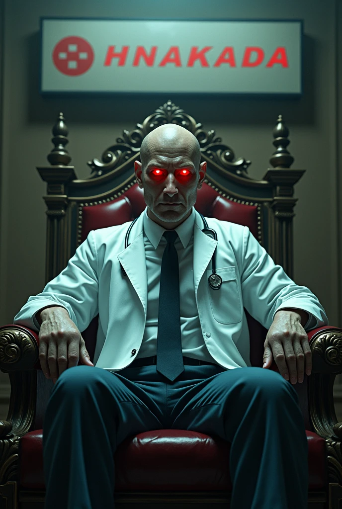 A man with red eyes sitting on a throne with a doctor's head and behind him a sign saying pharmaceutical