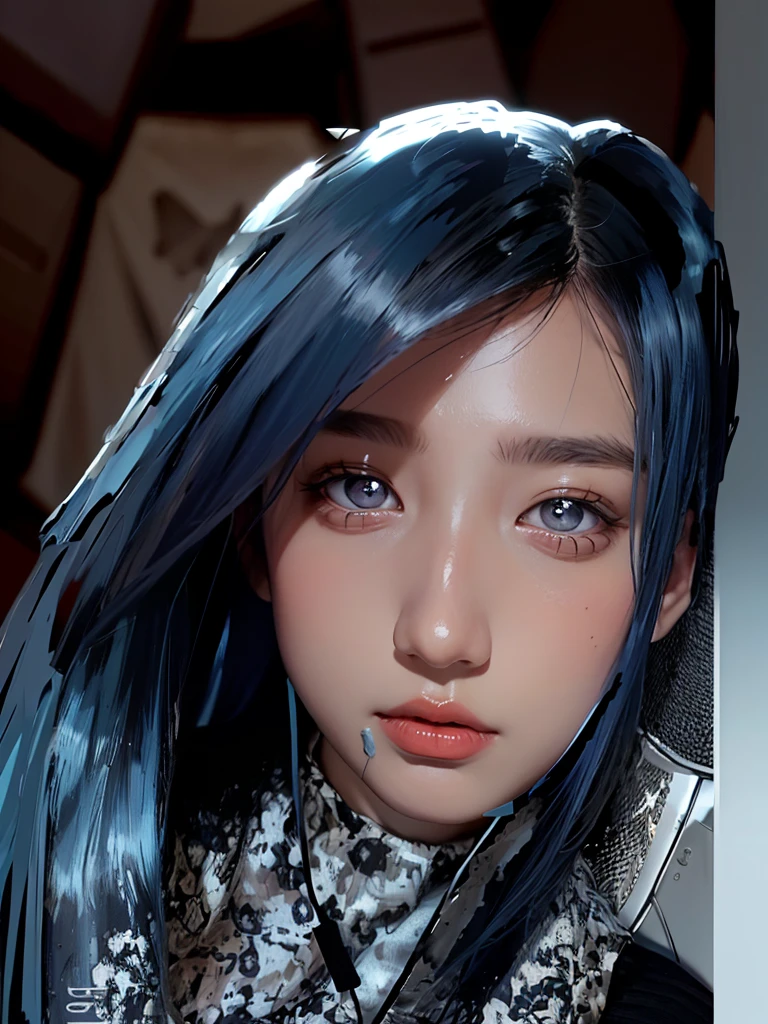Knee-high socks, over-kneehighs, business suit, skirt suit, photorealistic, high resolution, one girl, black hair, korean, heterochromic eyes, small moles under eyes, big breasts, blue hair, office