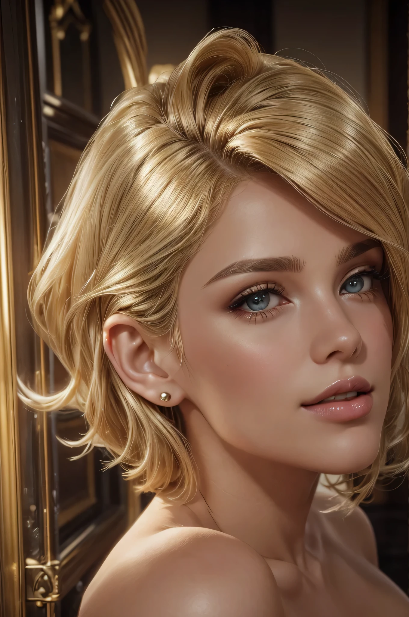 Extreme close up of a beautiful young woman with ((shoulder-length blonde hair styled in a wavy bob)). She has dark green eyes, pale skin, and makeup. She is wearing black lingerie, and pearl stud earrings. Hourglass figure, toned body.  The background is blurry and neutral. The image is highly realistic and detailed, with a focus on the woman's face and expression.
Style: Photorealistic, hyperrealistic, or 3D render.
Lighting: Soft, natural lighting.
Mood: Serene, calm, and confident. 