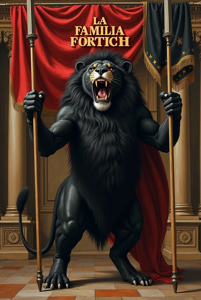 CREATE A PAINTING LIKE Renaissance. ANGRY BLACK LION HOLDING SPEARS WITH BLACK RED FLAG. TEXT : LA FAMILIA FORTICH. AND DETAILED IMAGE.