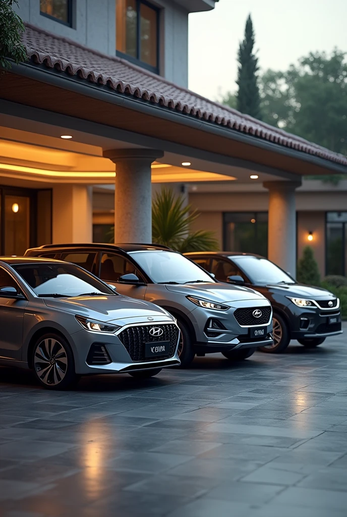 A verna, magnite and swift parked side by side in a car porch 
