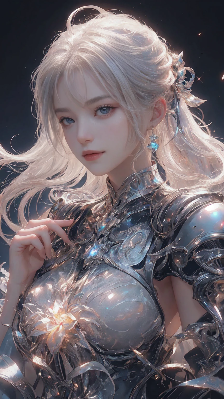 Fluorescent Color, 1 girl, Look to the side, Pretty Face, beautiful eyes, (Shoulder: 1.2), Upper Body, Shiny hair, Glowing skin, Reduce glare emissions, The fingers are in good proportion, dark, Throw, Dynamic Angle, (((Main Part))), (((Better quality))), ((Ultra Detailed)), (illustration), (Detail Light), ((Extremely exquisite and beautiful)), dramatic_shadow, Rays_track, reflection, Ultra-high resolution, laser, Red Cliff