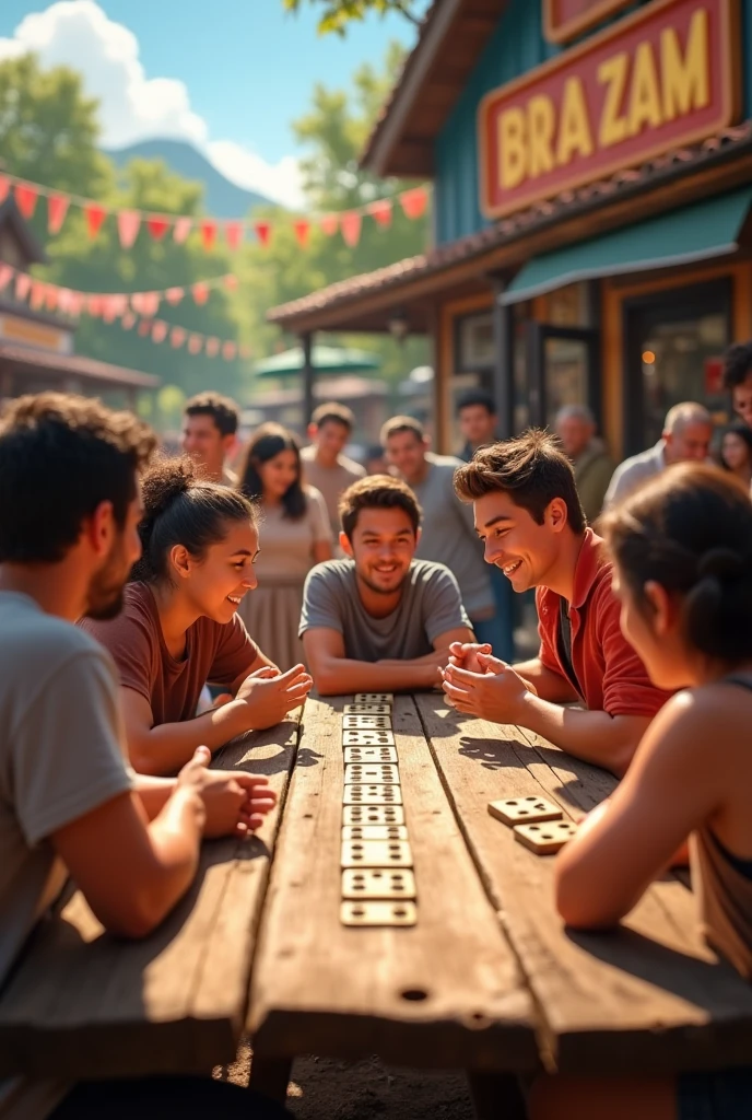 Capture a lively scene of friends and family gathered around a rustic wooden dominotable, deeply engrossed in a game of dominoes. The outdoor setting is vibrant with colorful signage in the background, creating a warm and inviting atmosphere at a farm. The players’ intense focus and the onlookers’ keen interest highlight the joy and camaraderie of this popular pastime