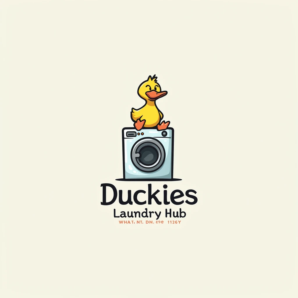 simple logo, logo for business, duck on top of washing machine, put a caption beside it "Duckies Laundry Hub" and "Wash, Dry & Fold"