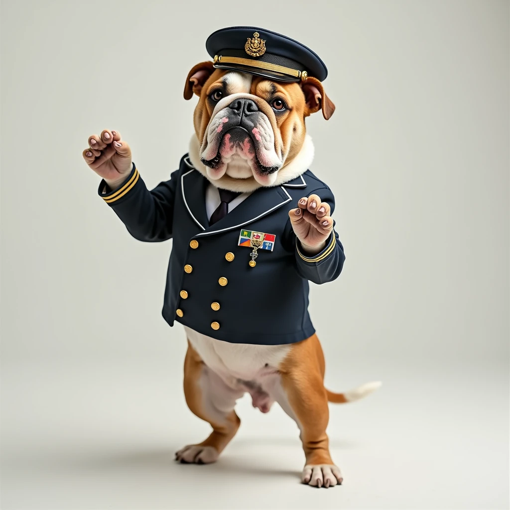 A bulldog with a big head stands on its hind legs with its front paws raised as if it were a human wearing a captain's uniform.