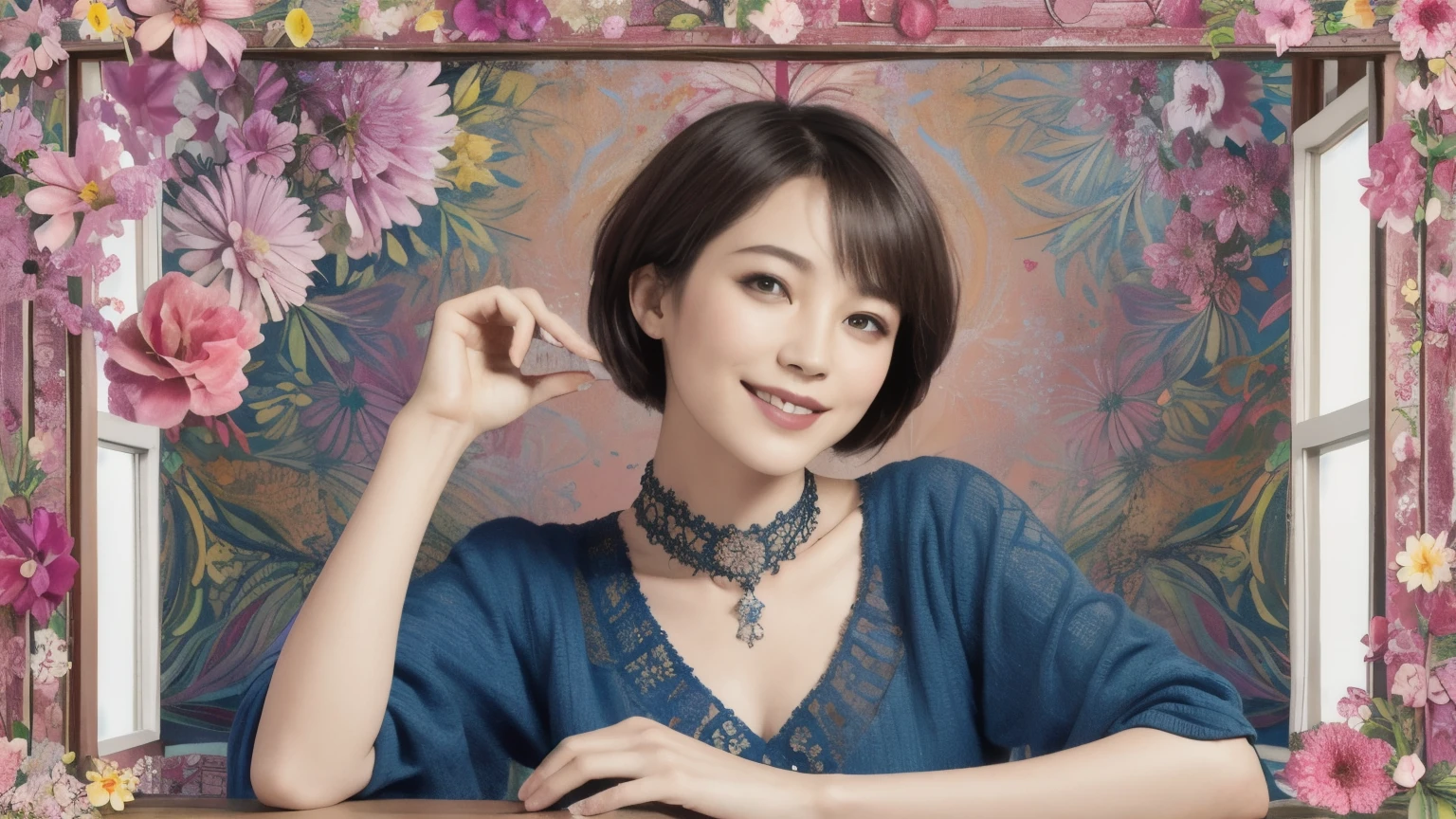 271 (20-year-old woman,short hair), (masterpiece, Highest quality, beautiful:1.2), Very detailed, (Fractal Art:1.1), (colorful:1.1), (flower:1.3), whole body, (Abstract background:1.3), (Many colors:1.4), (Old-fashioned smile), (window)