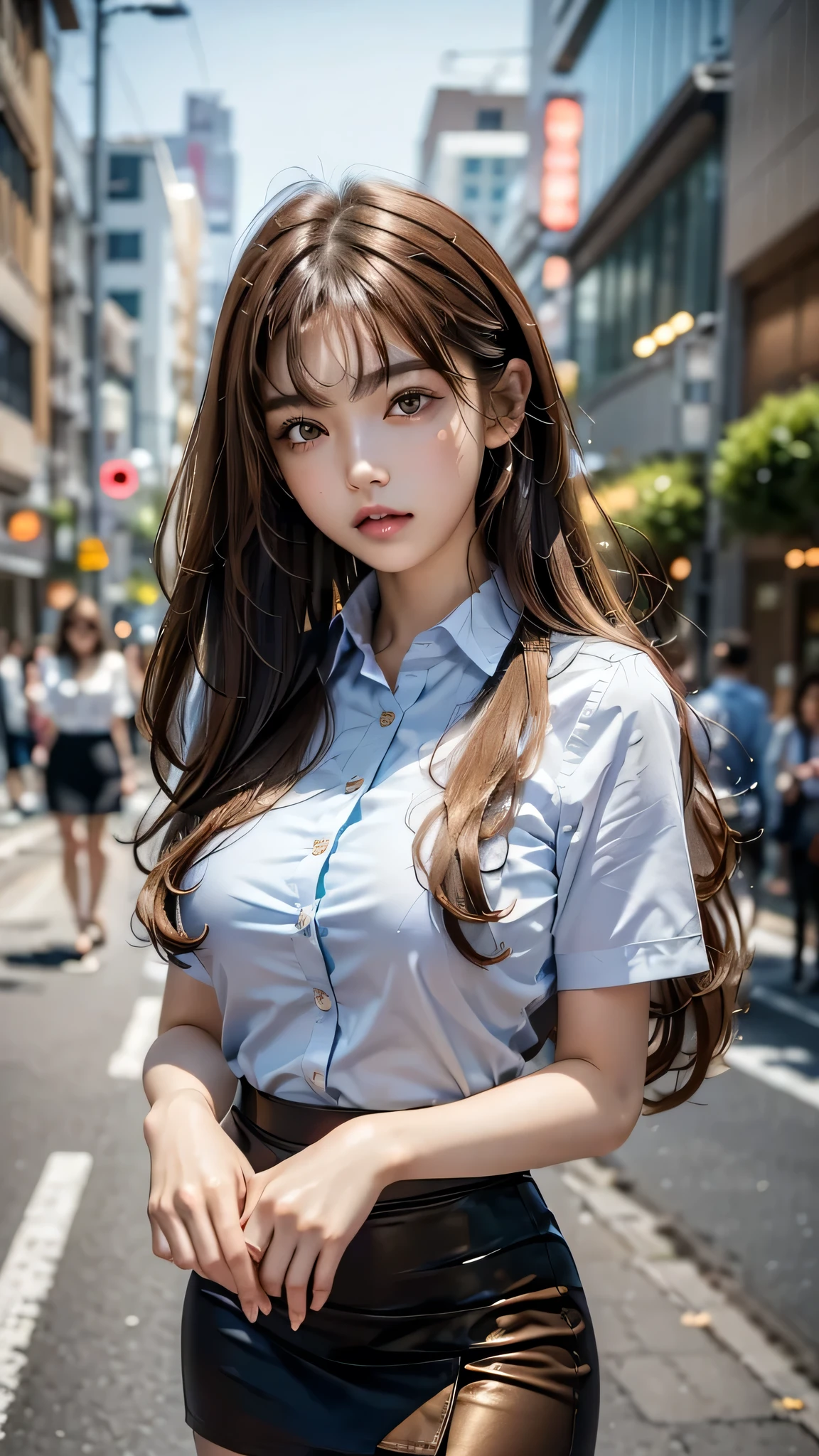 (8k, RAW Photos, Highest quality, High resolution:1.2), (realistic:1.4), (solo), 18 years old childish girl, in Tokyo city, standing on the street, outstretching hand to viewer, (in the night:1.4) beautiful princess eyes, detailed eyes, (brown pubic hair:1.4), (dark brown eyes:1.2), (naughty face:1.4), (smooth hair:1.4), (long hair), (brown gold hair:1.3), (pale skin:1.4), (wearing the tight white collared shirt, blue simple mini pencil skirt:1.2),