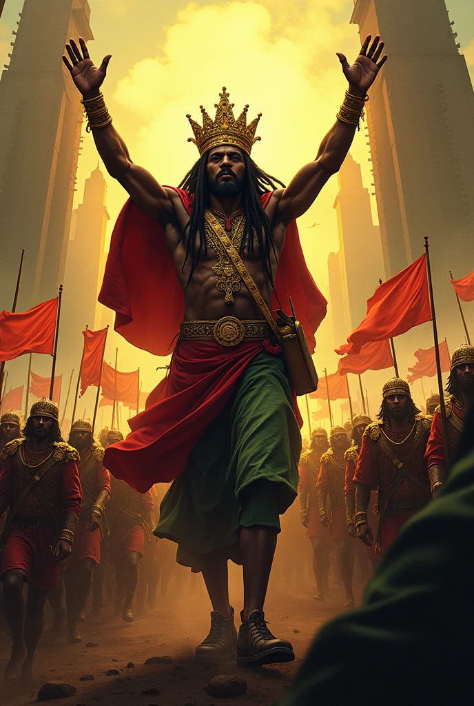 Reggae album cover King Jah Selassie freeing his people from Babylon the Great , with his vast army , flags with the colors red, green and yellow