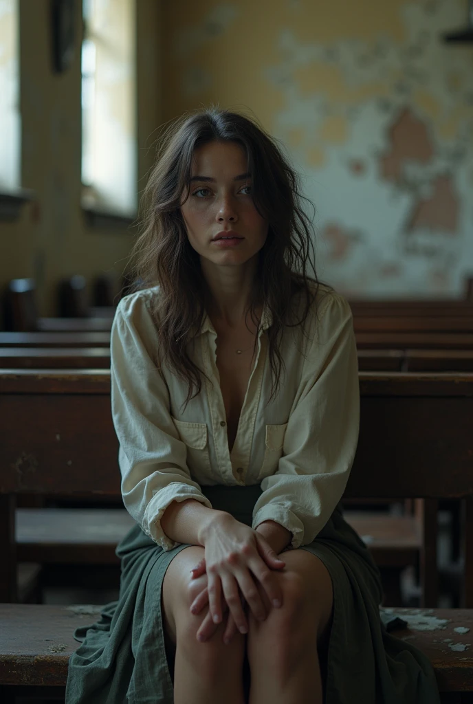 8k (realisitic) ((real photografic)) A young woman wearing a long skirt and a ripped dress shirt , sitting on the church pew legs crossed, in an old, abandoned church
