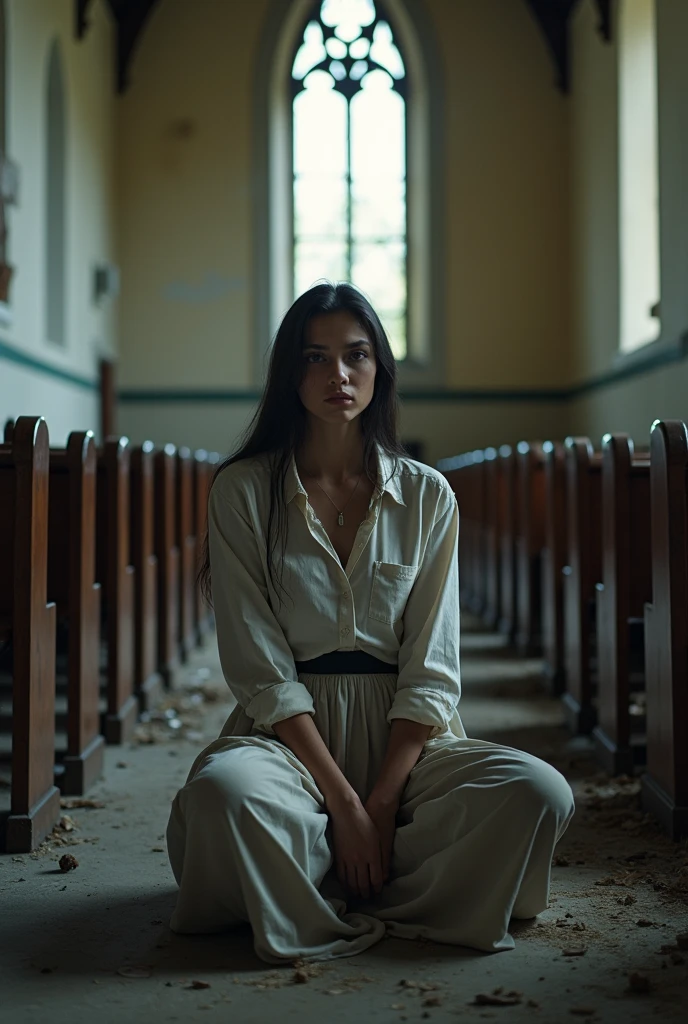 8k (realisitic) ((real photografic)) A young woman wearing a long skirt and a ripped dress shirt , sitting on the church pew legs crossed, in an old, abandoned church

