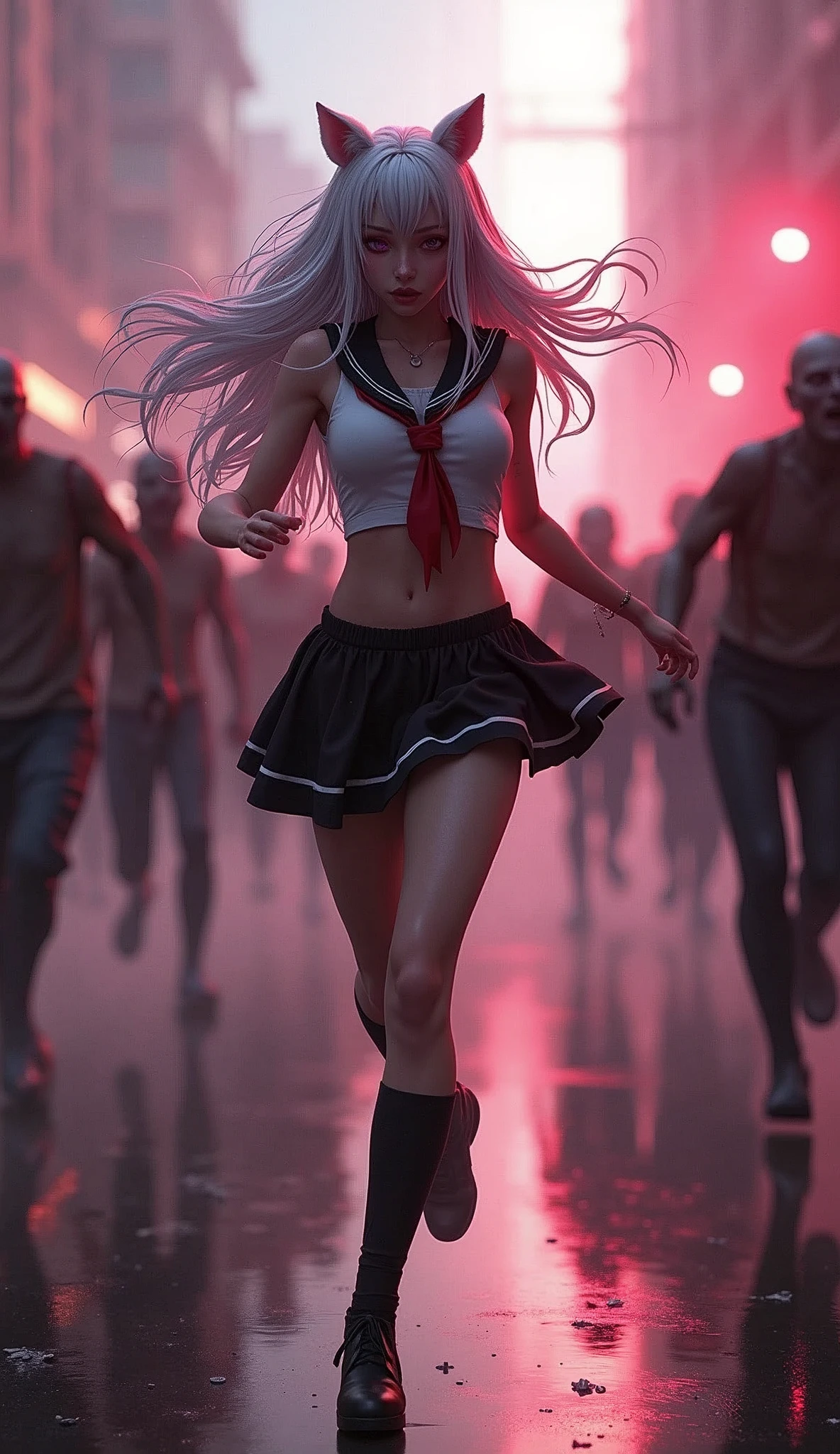 photorealistic,Realistic illustration in Modelshoot style,((masterpiece)),((The best quality)),((Ultra Quality)),((ultra detailed)),((1girl long white hair)),((Only)),((waifu:1.5)),Perfect anatomy,perfect hands,beautiful cuerpo,beautiful_method,ulzzang-6500-v1,e-chica,((Exceptionally Beauty Waifu Princess Tifa Lockhart running terrified in a devastated city being chased by a group of horrible and scary zombies)),(((zombis,A crowd of horrible and terrifying zombies watching and running after her piled up with each other to catch up with her...))),in a cosplay,wet clothes,Woman body set big breasts, ((Beauty Sexy Body, Sexy Hips)), ((Wolf Ears)), ((Sexy School Girl Uniform, Sailor Miniskirt, Pantyhose, High Heels)),((bright-pink_eyes)),long wavy hair, ((white hair)),hair clips,eyeliner,cute makeup,lipstick,Glossy lipstick,with a look of terror, worry and sadness,((eyes detallados perfectos)),rainy with fog outside,evening,pink theme,bioluminiscencia,light particles,((Extremely CG Unity 8K Wallpaper)),((cinematic lighting,Best quality lights)),intricate details,Suave,sharp focus,Extremely beautiful and aesthetic,Octane rendering,Full length portrait,damp skin,((Perfect detailed body)),