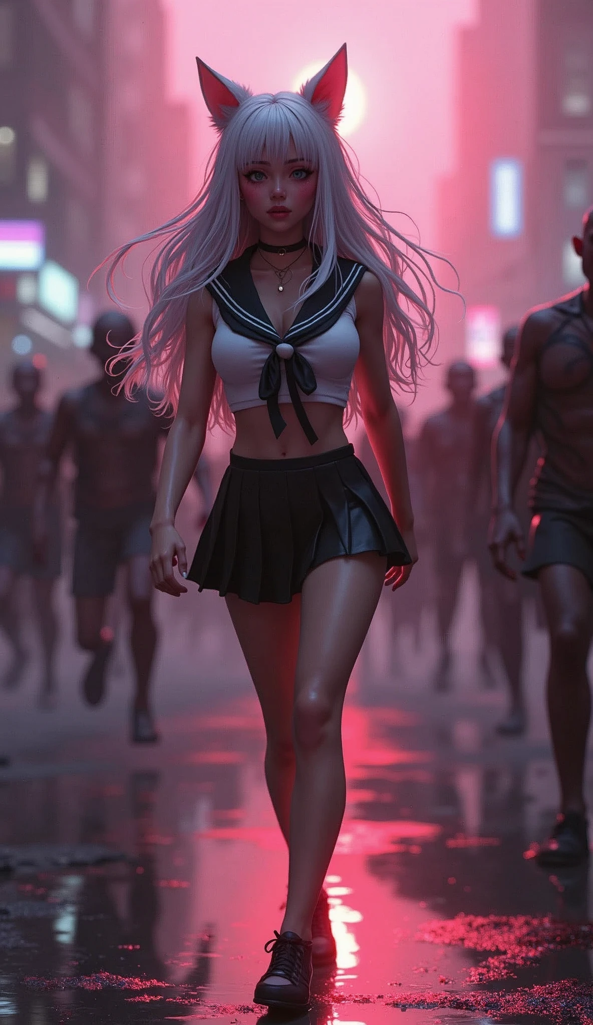photorealistic,Realistic illustration in Modelshoot style,((masterpiece)),((The best quality)),((Ultra Quality)),((ultra detailed)),((1girl long white hair)),((Only)),((waifu:1.5)),Perfect anatomy,perfect hands,beautiful cuerpo,beautiful_method,ulzzang-6500-v1,e-chica,((Exceptionally Beauty Waifu Princess Tifa Lockhart running terrified in a devastated city being chased by a group of horrible and scary zombies)),(((zombis,A crowd of horrible and terrifying zombies watching and running after her piled up with each other to catch up with her...))),in a cosplay,wet clothes,Woman body set big breasts, ((Beauty Sexy Body, Sexy Hips)), ((Wolf Ears)), ((Sexy School Girl Uniform, Sailor Miniskirt, Pantyhose, High Heels)),((bright-pink_eyes)),long wavy hair, ((white hair)),hair clips,eyeliner,cute makeup,lipstick,Glossy lipstick,with a look of terror, worry and sadness,((eyes detallados perfectos)),rainy with fog outside,evening,pink theme,bioluminiscencia,light particles,((Extremely CG Unity 8K Wallpaper)),((cinematic lighting,Best quality lights)),intricate details,Suave,sharp focus,Extremely beautiful and aesthetic,Octane rendering,Full length portrait,damp skin,((Perfect detailed body)),